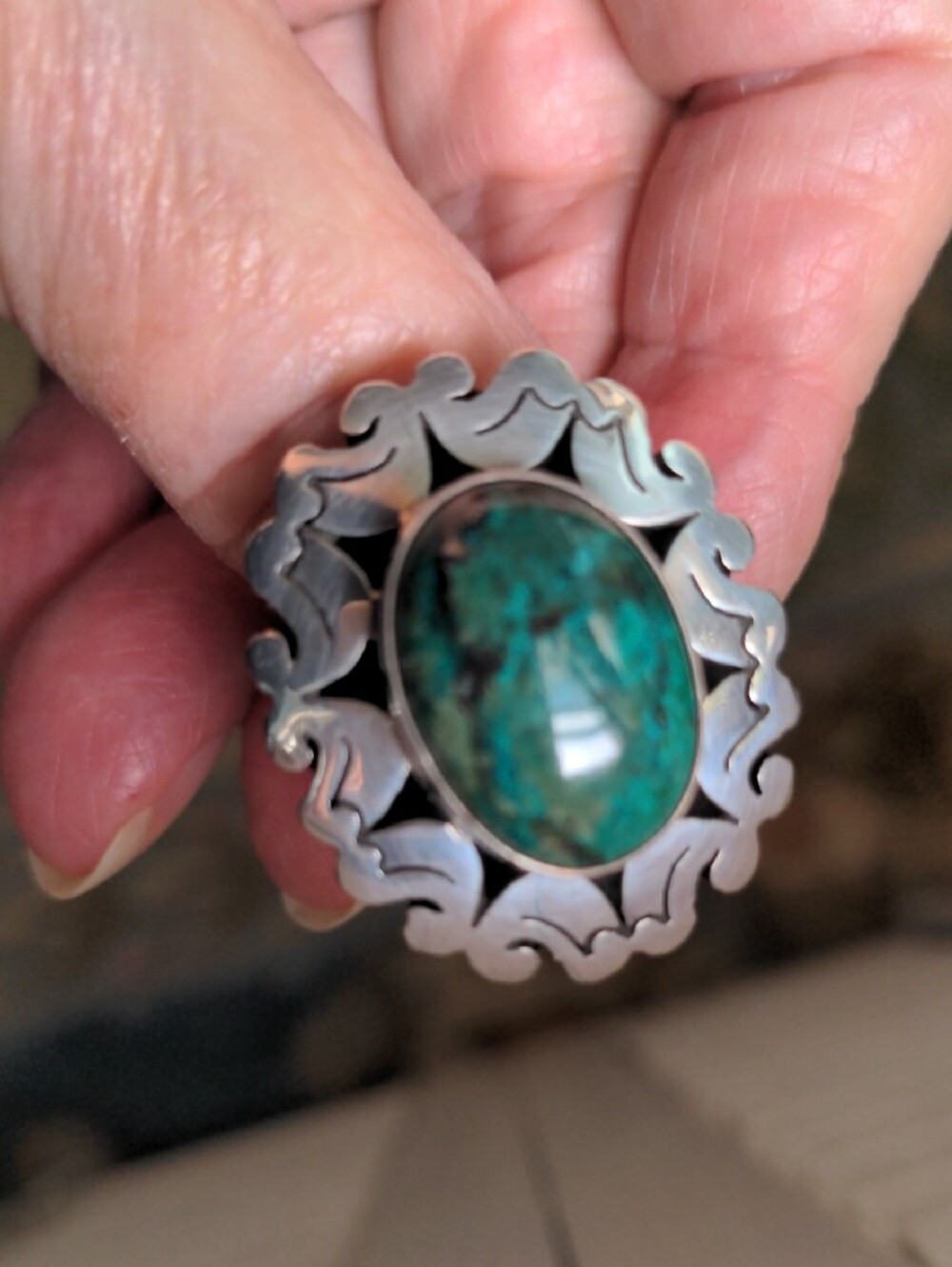Sterling Silver Turquoise Statement Ring, Green Turquoise, Vintage, Sz 7